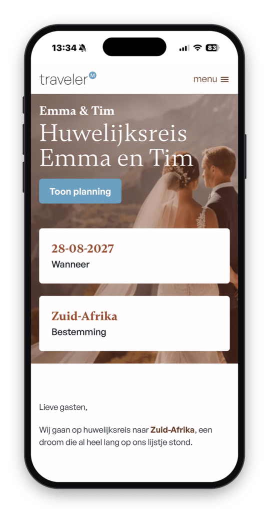 Voorbeeld van een TravelerM reispagina op een mobiele telefoon: huwelijksreis van Emma en Tim naar Zuid-Afrika